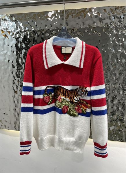 women's sweaters new magenta blue stripe thread vintage lady jumper polo neck turn-down collar loose embroidery tiger floral woolen pul, White;black
women's sweaters new magenta blue stripe thread vintage lady jumper polo neck turn-down collar loose embroidery tiger floral woolen pul, White;black