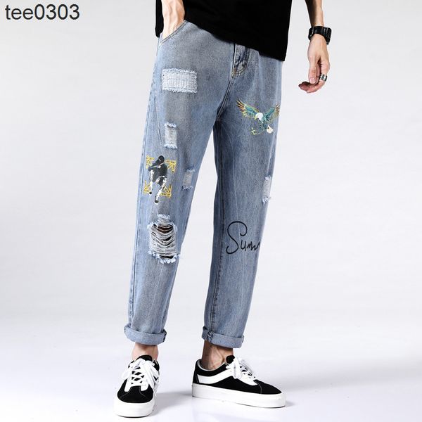 new print hole jeans men's casual korean fashion loose straight cropped pants men's, Blue
new print hole jeans men's casual korean fashion loose straight cropped pants men's, Blue