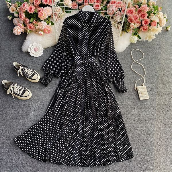 wave point chiffon shirt collar dress spring and autumn new chicgentle stylewaist closedpleated long skirt, Black;gray
wave point chiffon shirt collar dress spring and autumn new chicgentle stylewaist closedpleated long skirt, Black;gray