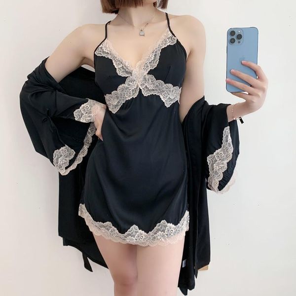 lace sleepwear trim kimono bathrobe gown black wedding robe set nightgown, Black;red
lace sleepwear trim kimono bathrobe gown black wedding robe set nightgown, Black;red