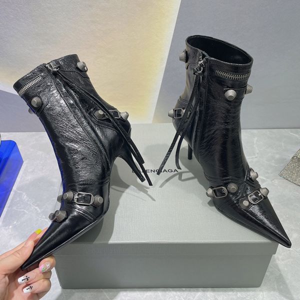 boots ankle shoes high heeled boot stud buckle embellished quality designers 9cm 2023 women, Black