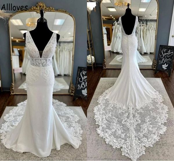 v neck elegant satin mermaid wedding dresses with court train exquisite lace appliqued beaded bridal gowns vintage open back vestidos de nov, White
v neck elegant satin mermaid wedding dresses with court train exquisite lace appliqued beaded bridal gowns vintage open back vestidos de nov, White