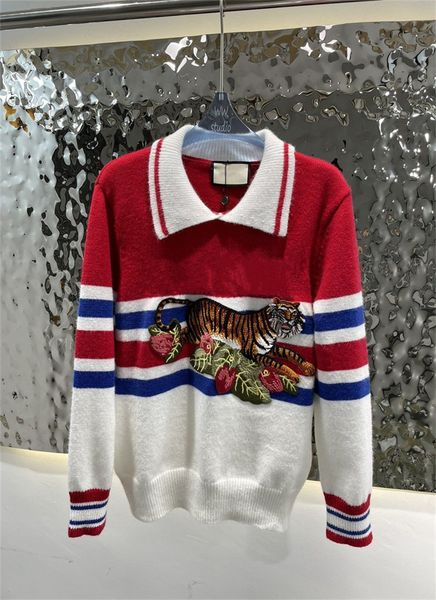 women's sweaters new magenta blue stripe thread vintage lady jumper polo neck turn-down collar loose embroidery tiger floral woolen pul, White;black
women's sweaters new magenta blue stripe thread vintage lady jumper polo neck turn-down collar loose embroidery tiger floral woolen pul, White;black