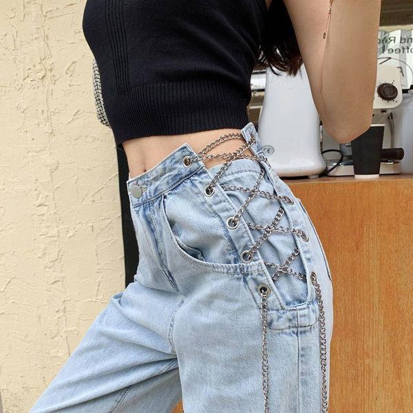 women s jeans woman high waist chain trousers loose drape straight pants metal strap denim 220902, Blue
women s jeans woman high waist chain trousers loose drape straight pants metal strap denim 220902, Blue