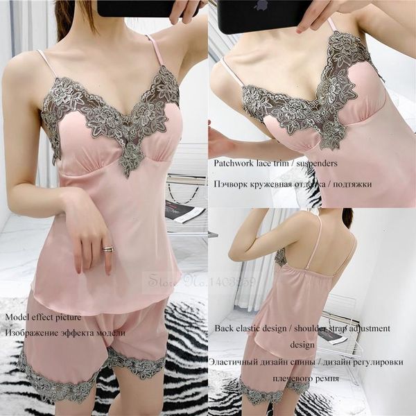 pajamas set patchwork lace thin satin sleepwear pijamas suit women summer sexy, Black;red
pajamas set patchwork lace thin satin sleepwear pijamas suit women summer sexy, Black;red