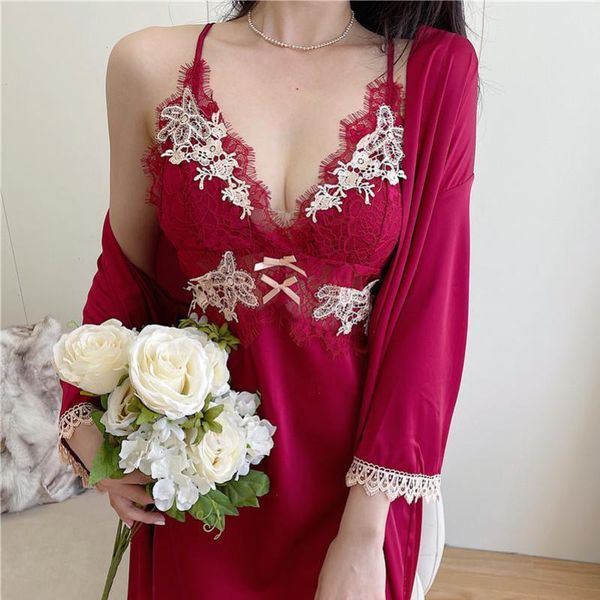 nightgown women soft satin sleepwear kimono robe set loungewear nightwear, Black;red
nightgown women soft satin sleepwear kimono robe set loungewear nightwear, Black;red