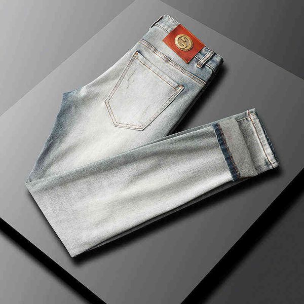 light summer color jeans men's fashion brand personality trend elastic hole high-end long pants, Blue
light summer color jeans men's fashion brand personality trend elastic hole high-end long pants, Blue