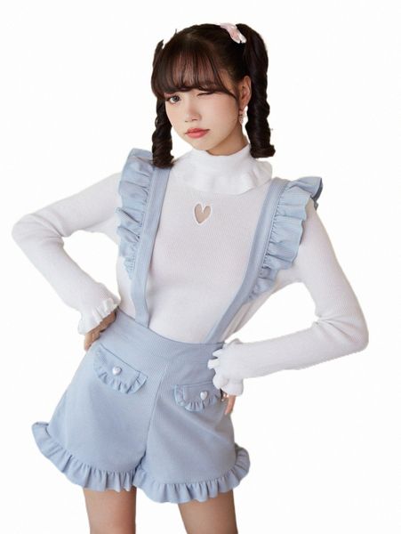 women's shorts romwe kawaii ruffle trim pinafore shorts c1y0#, White;black