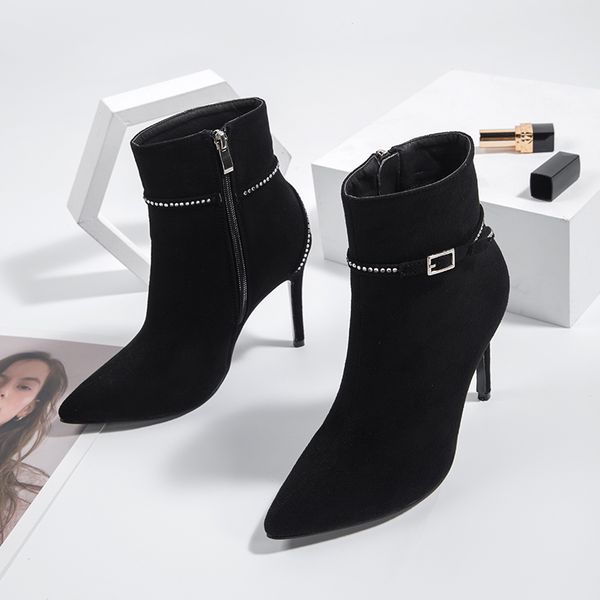 black boots women shoes heel fall 2022 flock ladies short ankle boot pointed toe fashion stiletto leather buckle decoration
black boots women shoes heel fall 2022 flock ladies short ankle boot pointed toe fashion stiletto leather buckle decoration