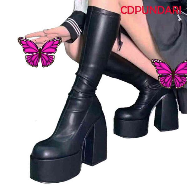 boots black thick heels elastic micro knee high for women punk style autumn winter chunky platform party shoes 220903
boots black thick heels elastic micro knee high for women punk style autumn winter chunky platform party shoes 220903