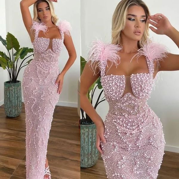 pearls pink mermaid evening dresses spaghetti neck feather beading plus size prom dress african formal party wear, Black
pearls pink mermaid evening dresses spaghetti neck feather beading plus size prom dress african formal party wear, Black