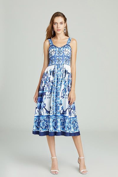 runway fashion women party holiday dress summer blue white porcelain printed camisole sliming midi vestidos, Black;gray
runway fashion women party holiday dress summer blue white porcelain printed camisole sliming midi vestidos, Black;gray