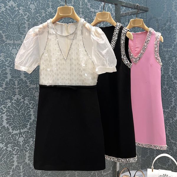 casual dresses designer miu's same short sleeved dress with beads sequins bubble sleeves bowknot middle skirt celebrity new summer styl, Black;gray
casual dresses designer miu's same short sleeved dress with beads sequins bubble sleeves bowknot middle skirt celebrity new summer styl, Black;gray