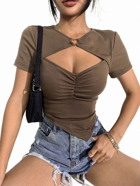 women's t-shirt cut out ruched front tee 2022 new f5l3#, White
