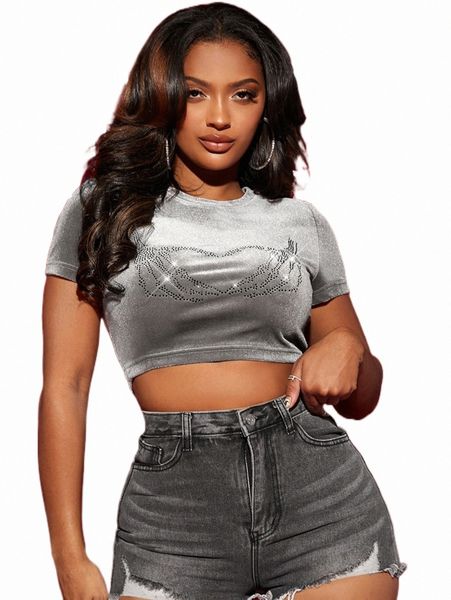 women's t-shirt sxy rhinestone velvet crop tee 41w6#, White
