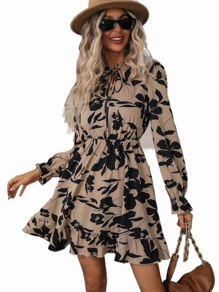 casual dresses floral print tie neck ruffle hem dress c4tj#, Black;gray 
casual dresses floral print tie neck ruffle hem dress c4tj#, Black;gray