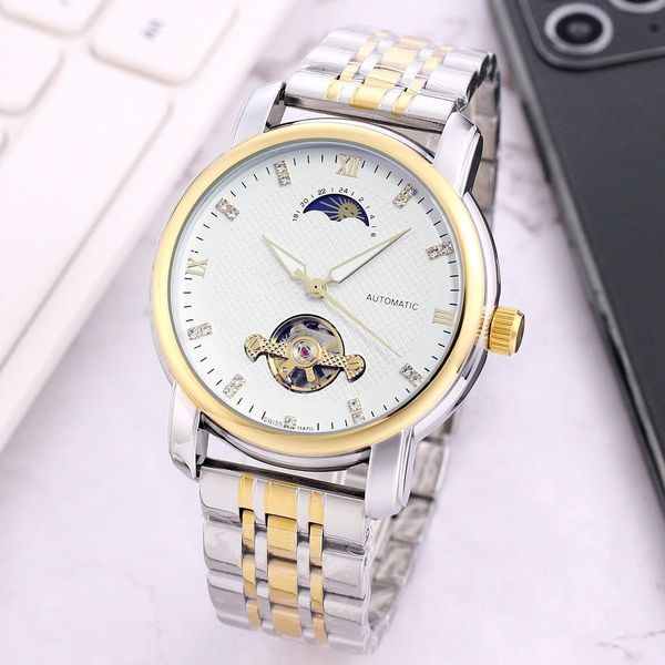 2022 fashion men's mechanical watch large circular flywheel design shows the sun and moon phase stainless steel dial steel band, Slivery;brown
2022 fashion men's mechanical watch large circular flywheel design shows the sun and moon phase stainless steel dial steel band, Slivery;brown