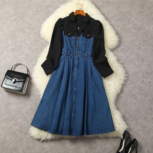 2022 autumn notched-lapel denim belted dress blue black contrast color long sleeve panelled mid-calf dresses 22s022071, Black;gray
2022 autumn notched-lapel denim belted dress blue black contrast color long sleeve panelled mid-calf dresses 22s022071, Black;gray