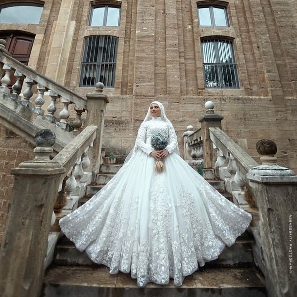 classy muslim ball gown wedding dresses with long sleeves high neck appliqued bridal dress plus size overskirt wedding gowns, White
classy muslim ball gown wedding dresses with long sleeves high neck appliqued bridal dress plus size overskirt wedding gowns, White
