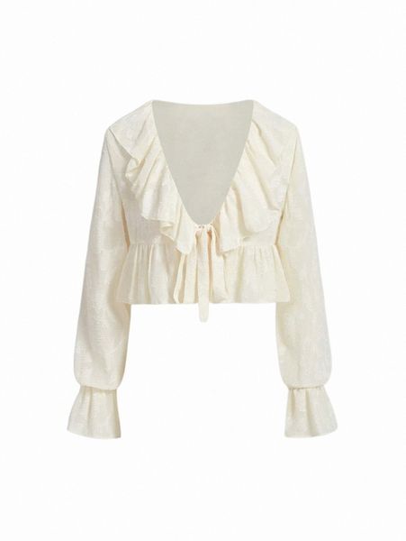 women's blouses & shirts mod solid ruffle trim tie front crop blouse n85u#, White
women's blouses & shirts mod solid ruffle trim tie front crop blouse n85u#, White