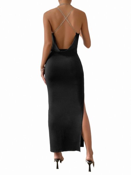 casual dresses chain crisscross backless split thigh dress t6jq#, Black;gray