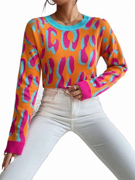 women's sweaters allover pattern drop shoulder sweater p2nl#, White;black