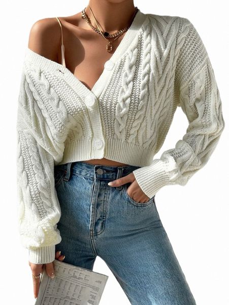 women's sweaters cable knit drop shoulder cardigan v5gl#, White;black
