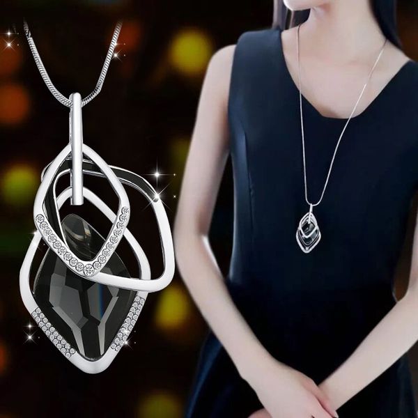 women long necklace fashion geometric pearl statement pendant jewelry sweater chain collier femme collar accessories, Silver