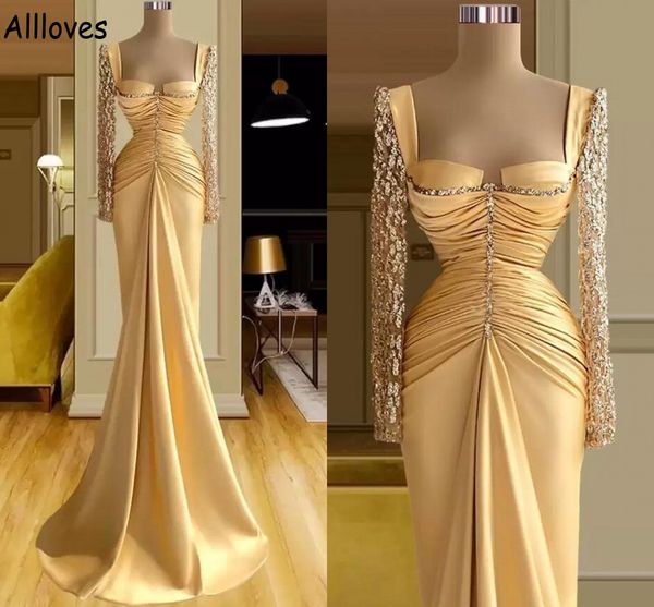 gold satin long sleeved prom dresses elegant pleats sequins beaded square neck evening party gowns fashion arabic mermaid special occasion r, Black
gold satin long sleeved prom dresses elegant pleats sequins beaded square neck evening party gowns fashion arabic mermaid special occasion r, Black