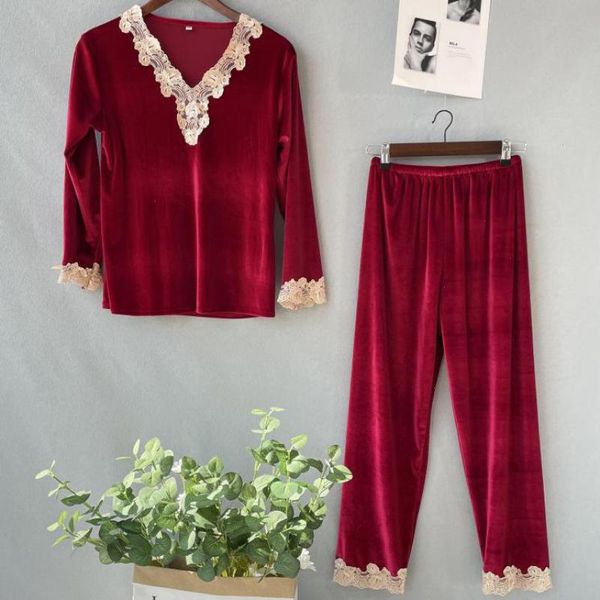 lace pajamas suit women sleepwears long sleeve velour home clothing sleep, Black;red
lace pajamas suit women sleepwears long sleeve velour home clothing sleep, Black;red