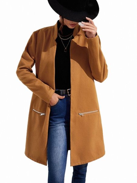 women's down & parkas notched detail zipper pocket overcoat s8hm#, Black
