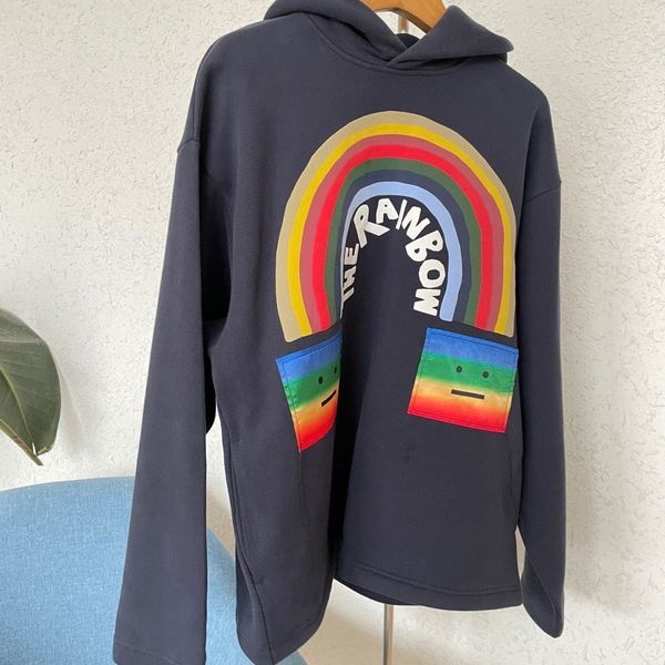 22fw classic catoon vintage hoodie sweatershirt knitted hooded three smile face rainbow print loose style, Black 
22fw classic catoon vintage hoodie sweatershirt knitted hooded three smile face rainbow print loose style, Black