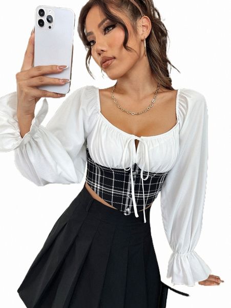 women's blouses & shirts plaid flounce sleeve sweetheart neck tie front blouse w7bg#, White
women's blouses & shirts plaid flounce sleeve sweetheart neck tie front blouse w7bg#, White
