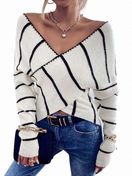 women's sweaters striped wrap cross drop shoulder sweater p1k0#, White;black
women's sweaters striped wrap cross drop shoulder sweater p1k0#, White;black