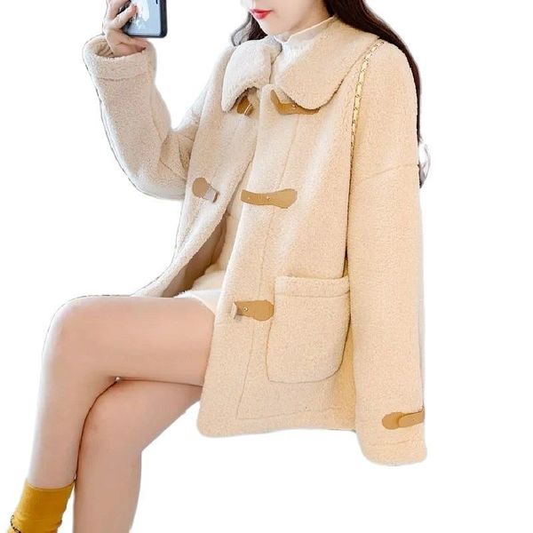 women s jackets spring autumn small lamb wool coats casual women korean winter bandage loose short female 220905, Black;brown
women s jackets spring autumn small lamb wool coats casual women korean winter bandage loose short female 220905, Black;brown