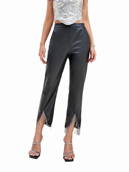 women's pants & capris d& high waist fringe trim pu leather pants 70p2#, Black;white