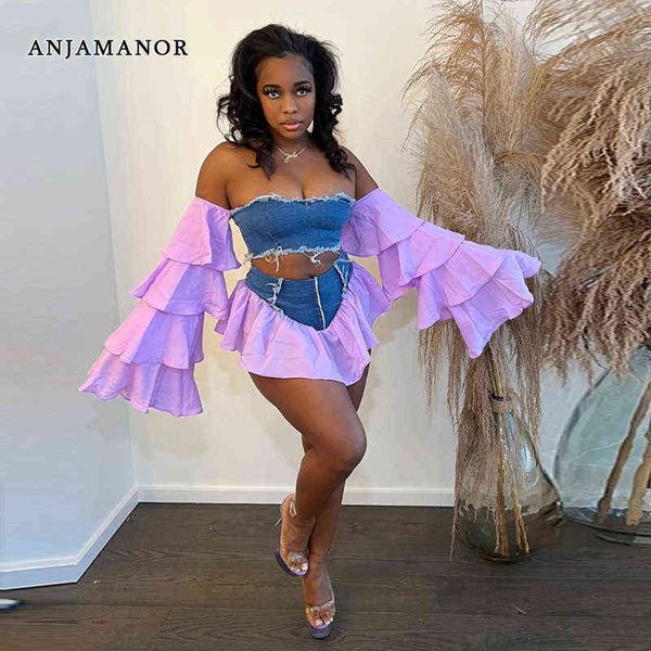women's two piece pants anjamanor denim patchwork ruffle 2 piece sets mini skirts and crop festival outfit rave club dresses for women, White
women's two piece pants anjamanor denim patchwork ruffle 2 piece sets mini skirts and crop festival outfit rave club dresses for women, White