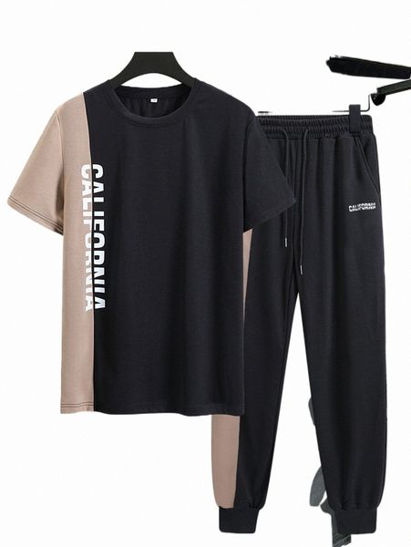 men's tracksuits men letter graphic colorblock tee & sweatpants i3lj#, Gray 
men's tracksuits men letter graphic colorblock tee & sweatpants i3lj#, Gray