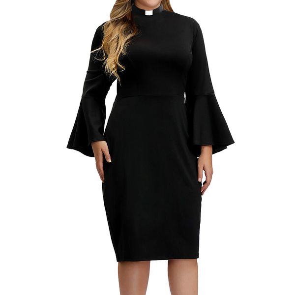 church dress for women plus size ruffle bell sleeve flounce clergy pencil dresses, White;black
church dress for women plus size ruffle bell sleeve flounce clergy pencil dresses, White;black