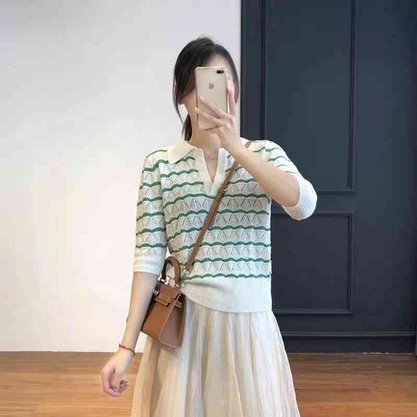 women's knits tees french style summer fresh color contrast stripe hollow out sweater plol collar top, White
women's knits tees french style summer fresh color contrast stripe hollow out sweater plol collar top, White