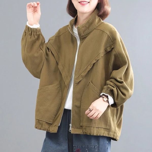 women s jackets short spring autumn stand collar splicing design pockets zipper long sleeve loose casual outwear female 220905, Black;brown
women s jackets short spring autumn stand collar splicing design pockets zipper long sleeve loose casual outwear female 220905, Black;brown