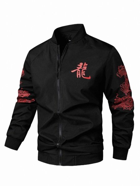 men's jackets men chinese dragon print zip up bomber jacket k5bf#, Black;brown