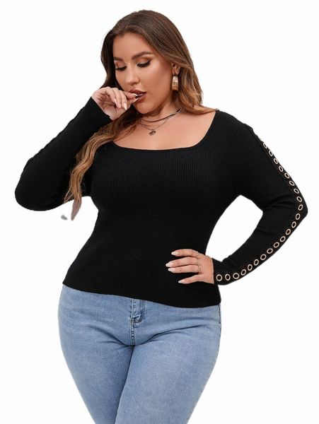 plus size t-shirt plus eyelet detail scoop neck ribbed knit sweater u9t0#, Black
plus size t-shirt plus eyelet detail scoop neck ribbed knit sweater u9t0#, Black