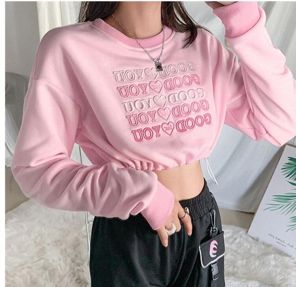 spring women's hoodies navel embroidered good letters sweater pink drawstring round neck sweater long sleeves, Black
spring women's hoodies navel embroidered good letters sweater pink drawstring round neck sweater long sleeves, Black