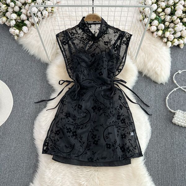 national style improved dress slim waist closed and the clasp is retro perspective mesh cheongsam, Black;gray
national style improved dress slim waist closed and the clasp is retro perspective mesh cheongsam, Black;gray