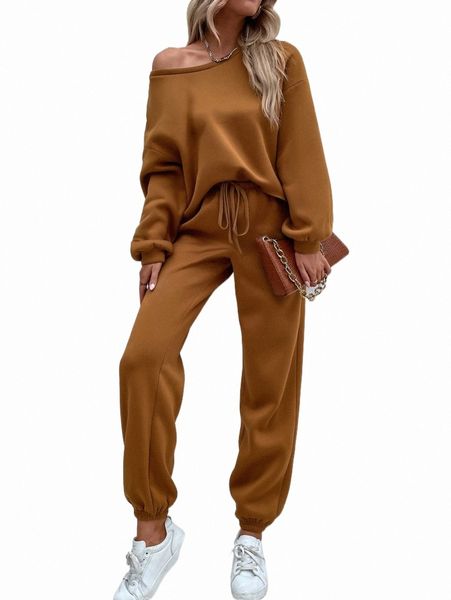 two piece dress asymmetrical neck drop shoulder pullover & sweatpants z4ak#, White