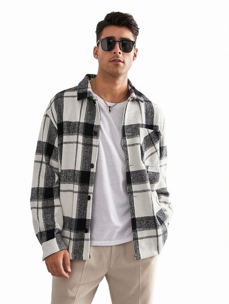 men's down & parkas men plaid patched pocket drop shoulder tweed overcoat 33fs#, Black
men's down & parkas men plaid patched pocket drop shoulder tweed overcoat 33fs#, Black