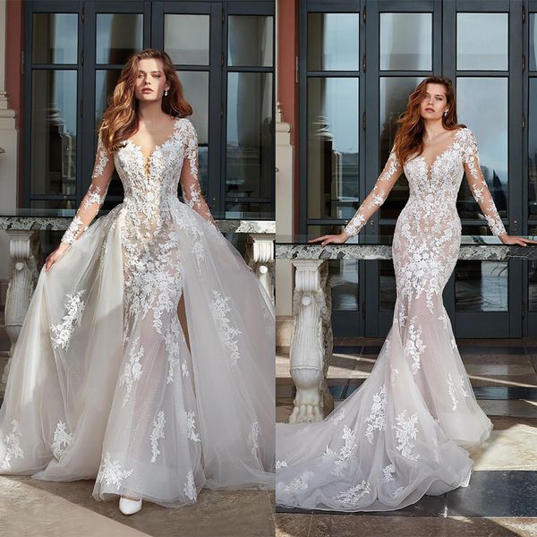 simple lace mermaid wedding dresses v neck floral applique bridal gowns custom made long sleeve detachable train formal dress, White
simple lace mermaid wedding dresses v neck floral applique bridal gowns custom made long sleeve detachable train formal dress, White