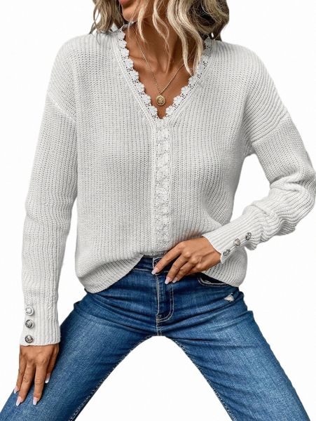 women's sweaters guipure lace panel drop shoulder sweater c65v#, White;black 
women's sweaters guipure lace panel drop shoulder sweater c65v#, White;black