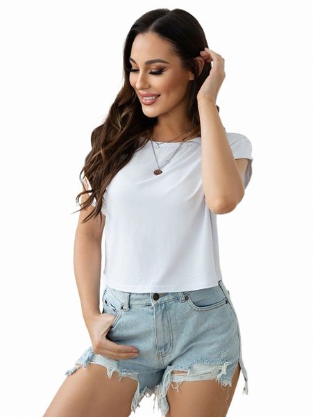 women's t-shirt aamilife solid short sleeve tee f9hz#, White